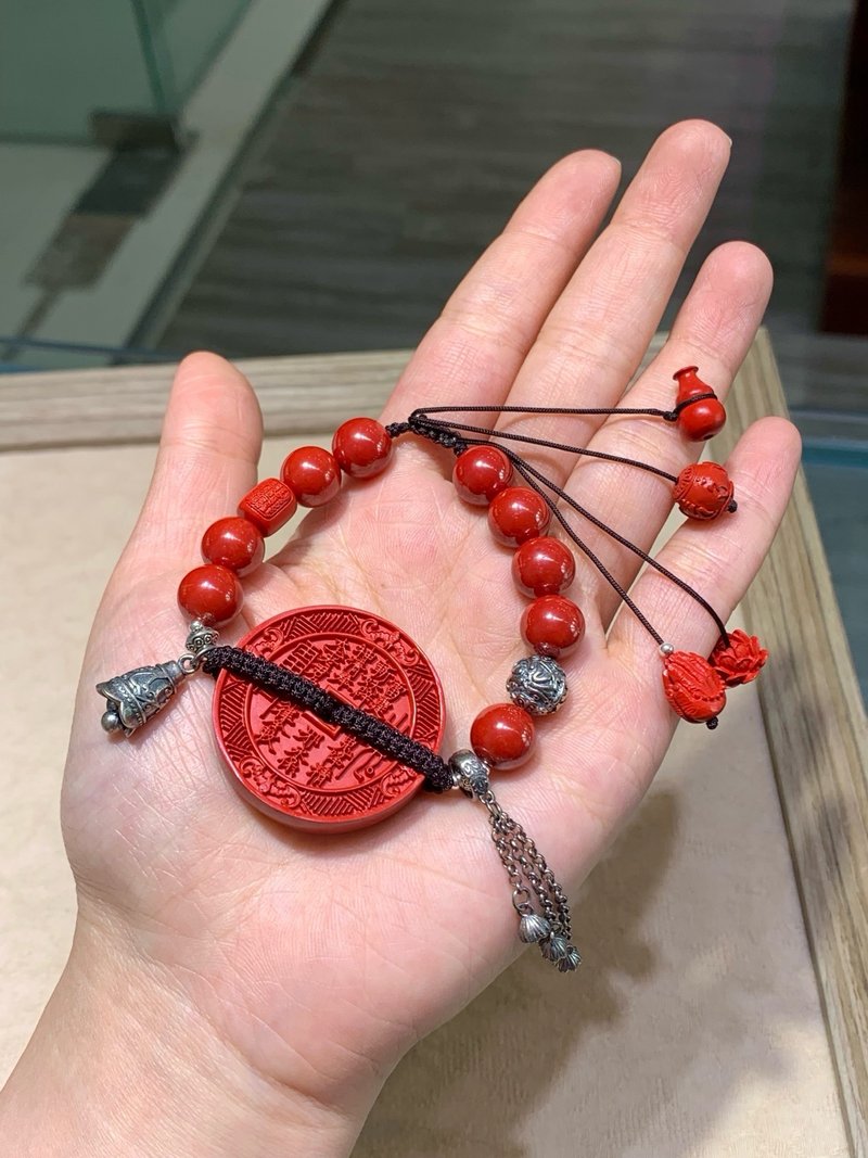 Natural High-Quality Emperor Sand Bracelet with Mountain Spirit Flower Coin and Six-Syllable Mantra Cinnabar Bracelet for Warding off Evil, Blocking Misfortune, and Ensuring Peace - สร้อยข้อมือ - คริสตัล 
