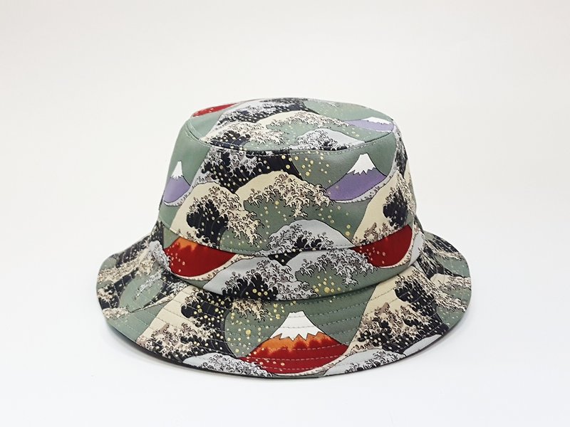 英式圓盤紳士帽-神奈川沖浪裏/浮世繪/綠#禮物#葛飾北齋節 #禮物 - 帽子 - 棉．麻 綠色