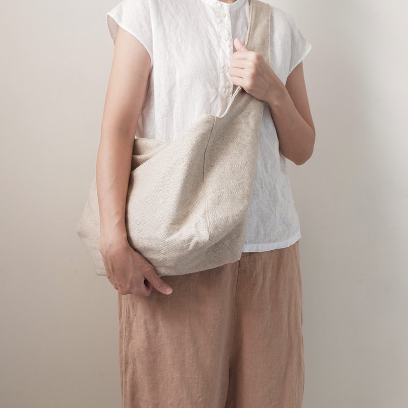 Sand Linen and linen cross-body baggage - กระเป๋าแมสเซนเจอร์ - ผ้าฝ้าย/ผ้าลินิน สีกากี