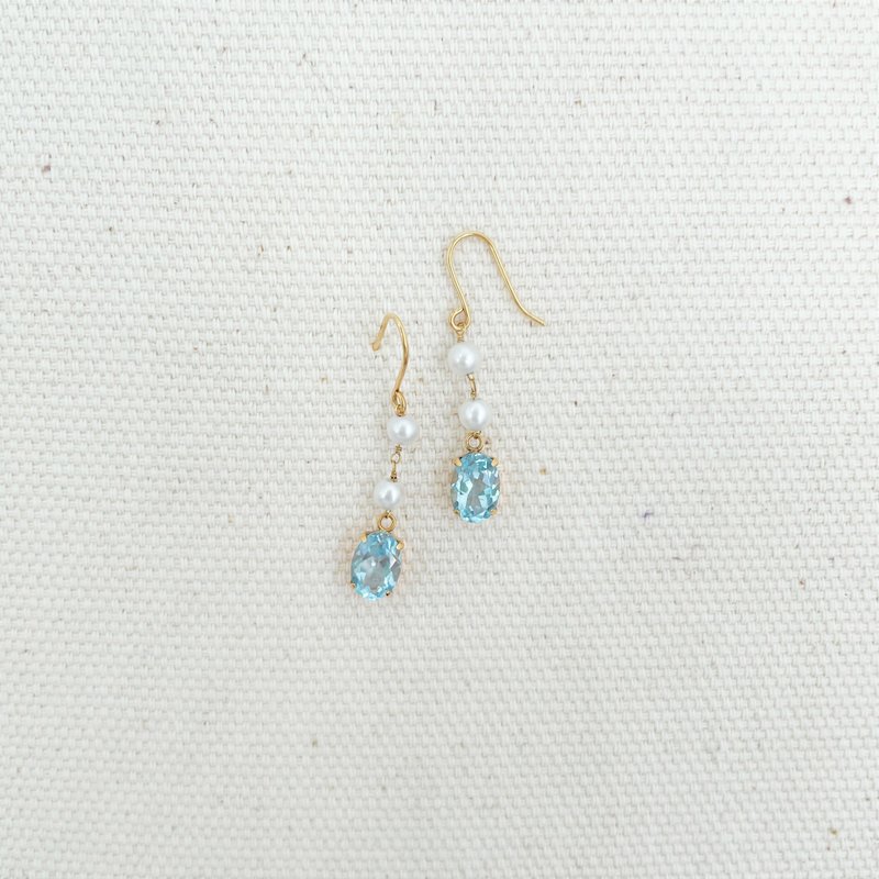 Afternoon Tea Collection Sky Blue Stone Double Japanese Pearl Yellow 18K Gold Dangle Earrings Light Jewelry - Earrings & Clip-ons - Pearl Blue