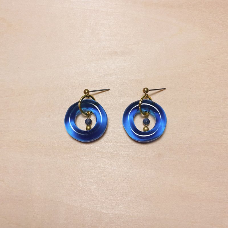 Retro dark blue irregular round blue-veined Stone earrings - Earrings & Clip-ons - Resin Blue