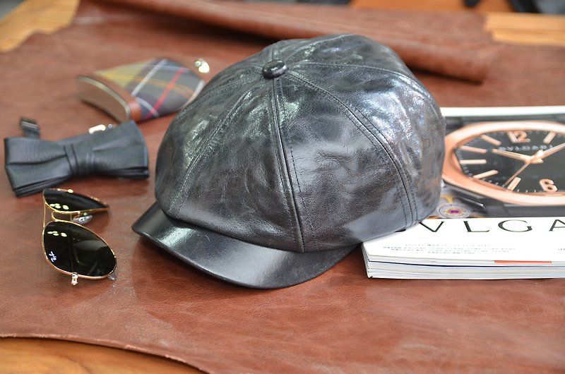 MAJORLIN Newsboy Cap Genuine Leather Handmade Leather Breathable Comfortable Texture Fashion - Hats & Caps - Genuine Leather Black