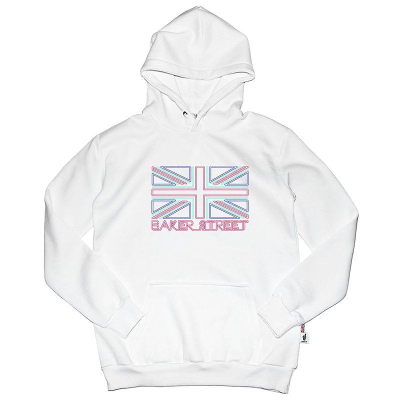 British Fashion Brand -Baker Street- Union Jack in Neon Hoodie - เสื้อฮู้ด - ผ้าฝ้าย/ผ้าลินิน ขาว