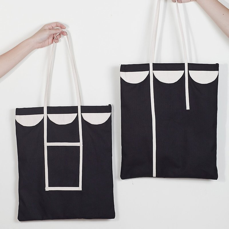Tote bag semicircle patchwork style black color made from canvas fabric - Handbags & Totes - Other Materials Black