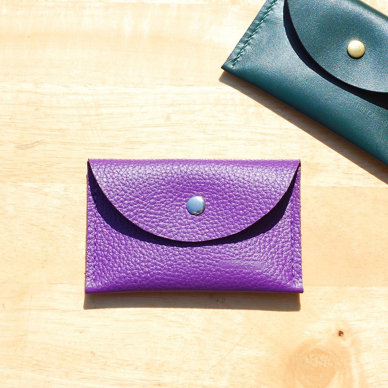 Easy business card holder / coin purse - round leather hand stitch (purple) - ที่เก็บนามบัตร - หนังแท้ สีม่วง