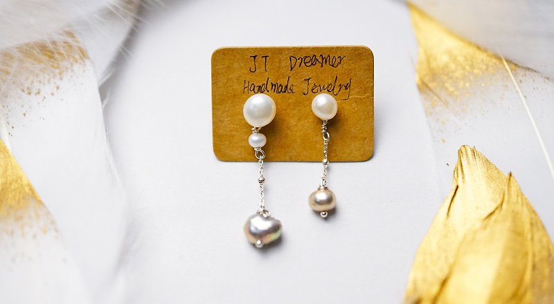 AB Pearl earrings made by hand with sterling silver winding thread - Earrings & Clip-ons - Pearl Multicolor