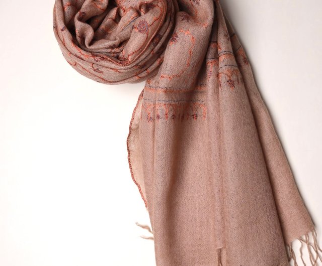 Floral Hand Embroidered Wrap / Scarf - Light popular Brown