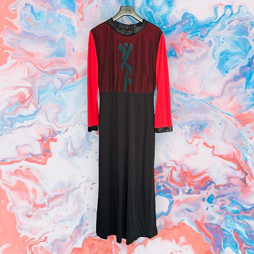 蘿綺莉蕾芭索 二手 黑紅 雙層 刺繡 彈性 輕薄 拼接 洋裝 G105