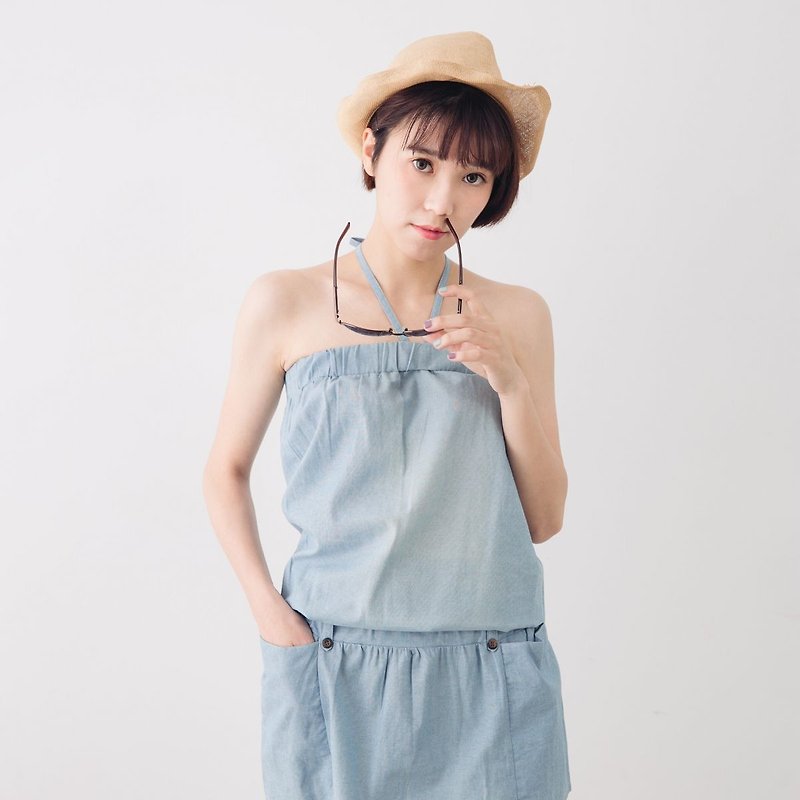 Women School Pockets Overall Pinafor Denim Skirt Mini Dress - One Piece Dresses - Cotton & Hemp Blue
