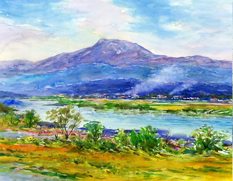 Original watercolor painting Shinshu scenery, Mt. Madarao and Chikuma River - Posters - Paper Blue
