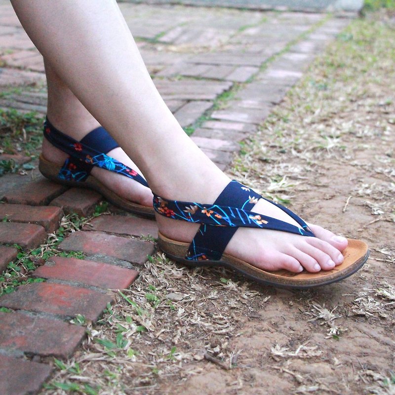 【Sling Back   Secret Garden】Lycra Sling Back Sandals/ Leather insole - Sandals - Genuine Leather Blue