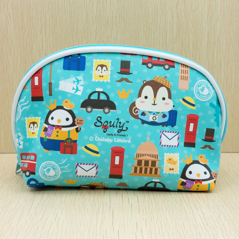 Cutie Squirrel Squly & Friends Multipurpose Pouch (Travel Pattern) - กระเป๋าเครื่องสำอาง - หนังเทียม สีน้ำเงิน