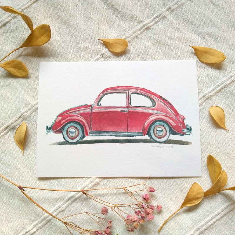 Red Beetle Car / Single Illustrated Postcard / B7 Size - Cards & Postcards - Paper Red