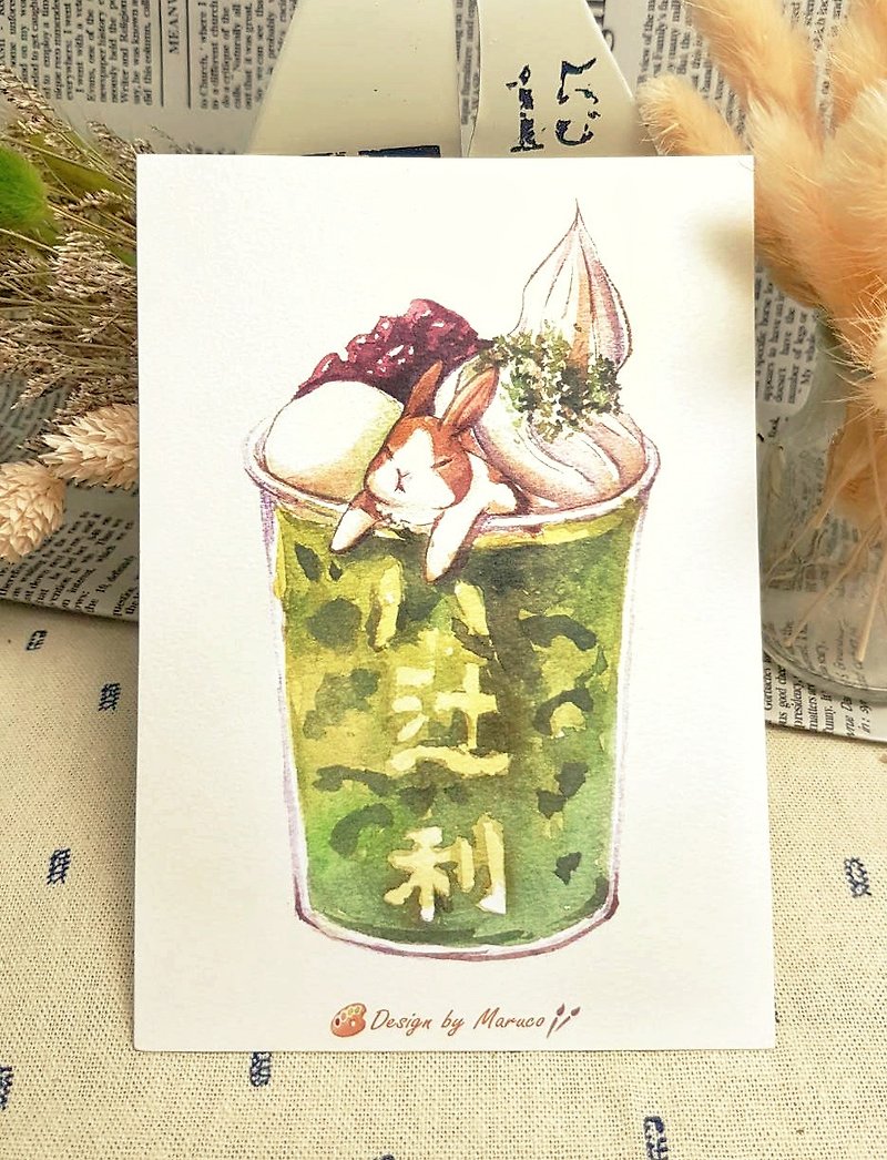 兔子抹茶冰飲-厚水彩紙明信片 - 心意卡/卡片 - 紙 綠色