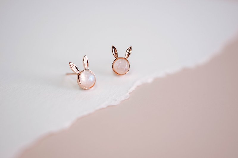 Gemstone Earrings & Clip-ons Pink - Moonstone Rabbit Bunny Rosegold Stud Earrings