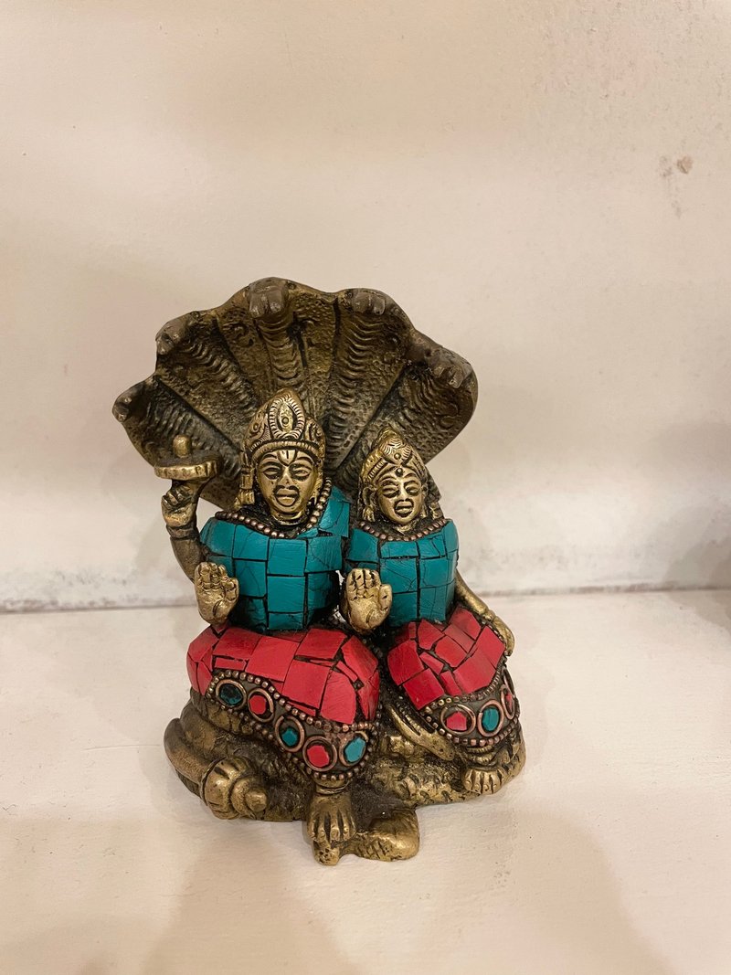 Indian Handmade Fine Inlaid Brass Statue (Small) - Hindu God Vishnu - ของวางตกแต่ง - ทองแดงทองเหลือง สีทอง