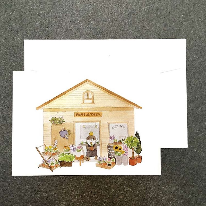 Watercolor postcard of Otter Flower House in Animal Shopping Street - Cards & Postcards - Paper 