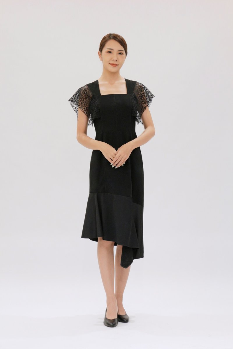 black lace patchwork dress - One Piece Dresses - Silk Black