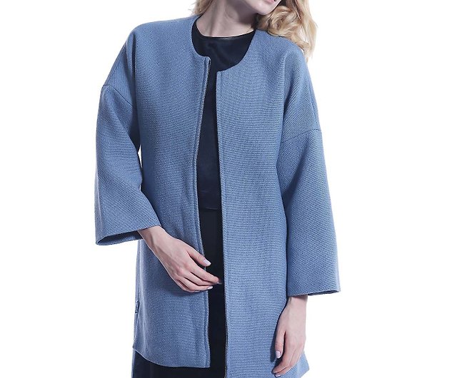 Elegant Blue Linen Cotton Long Coat, Stylish Warm Winter Coat Long