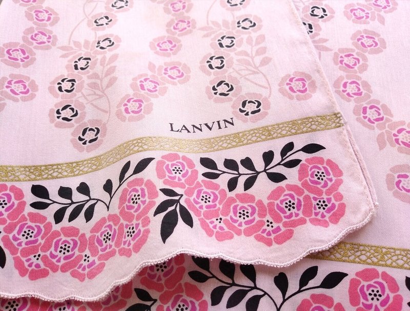 Lanvin Vintage Handkerchief Women Floral Gift 20 x 20 inches - 手帕 - 棉．麻 粉紅色