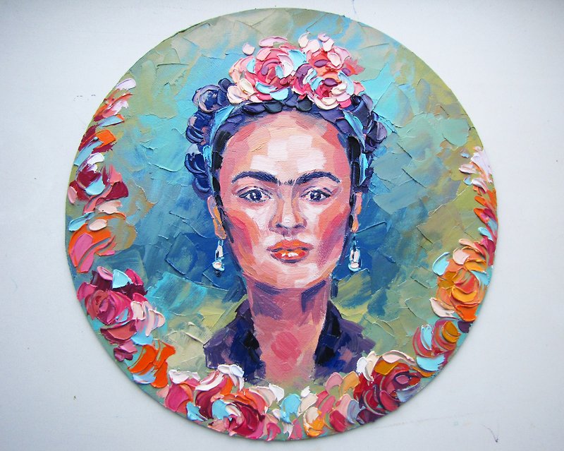Frida Kahlo Painting Mexican Art Woman Portrait Round Painting Original Oil - 掛牆畫/海報 - 其他材質 多色