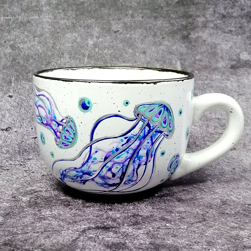 Jellyfish breakfast mug Ocean coffee mug Sea tea cup Big mug hand painted - 咖啡杯/馬克杯 - 陶 藍色
