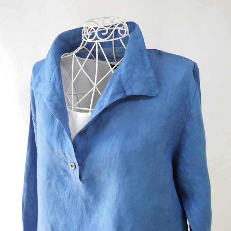 藍染め・リネン・Aライン・チュニック_明るい浅葱色・ゆったり・フリーサイズ - 女襯衫 - 棉．麻 藍色