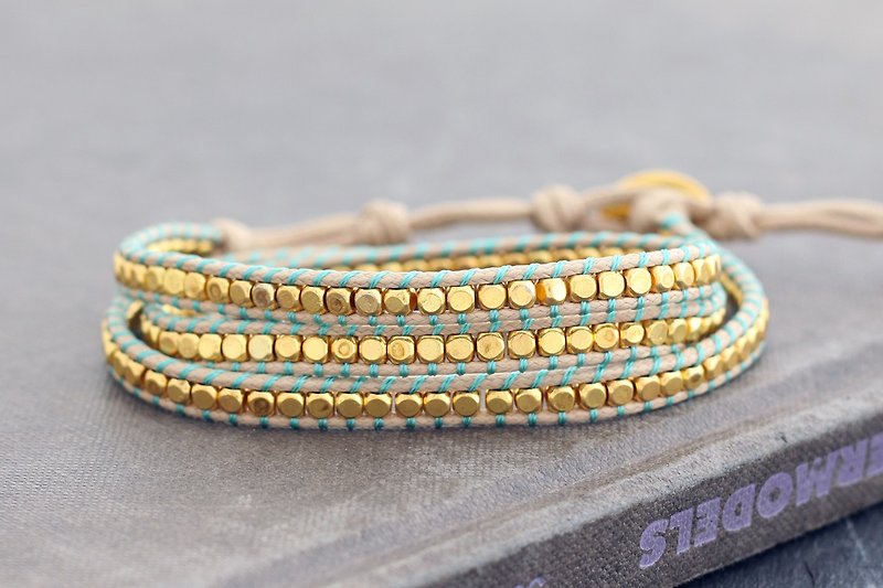 Gold Beaded Woven Bracelets Wrap Summer Nude Hippy - สร้อยข้อมือ - กระดาษ สีทอง
