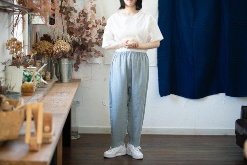 Linen＆OrganicCotton Wガーゼゆったりパンツ【ジュニパーベリー染め