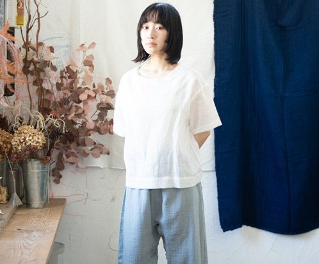 Linen＆OrganicCotton Wガーゼゆったりパンツ【ジュニパーベリー染め