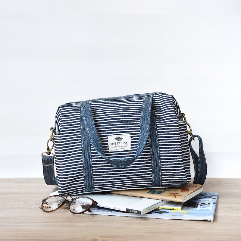 pillow bag - small stripes+jeans(strap) - Messenger Bags & Sling Bags - Cotton & Hemp Multicolor