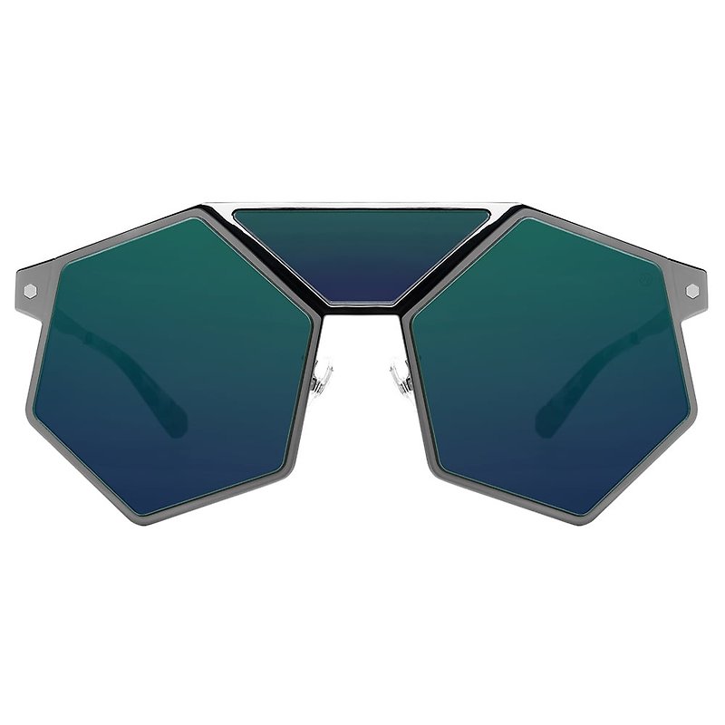 サングラス | サングラス | グリーン マルチアングル ヘキサゴナル グラス | イタリア製 | メタル フレーム メガネ - 眼鏡・フレーム - ステンレススチール シルバー