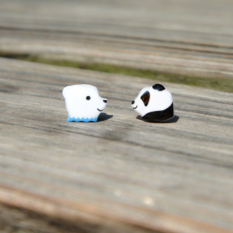 北極熊與熊貓 清新耳釘 創意不對稱耳夾 - 耳環/耳夾 - 塑膠 白色