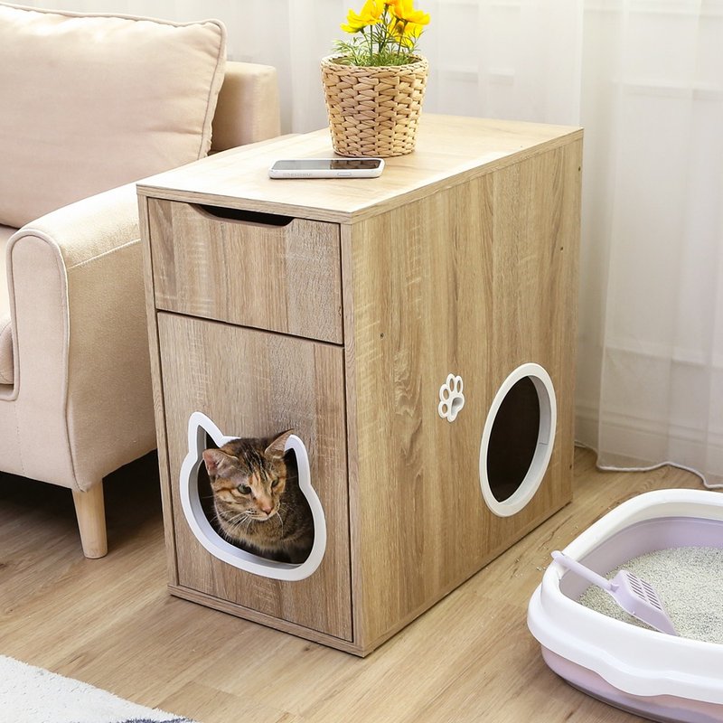 [Slowly] MIT large space peek-a-boo bedside storage side cabinet cat cabinet cat nest cat jumping platform storage - กล่องเก็บของ - วัสดุอื่นๆ สีนำ้ตาล