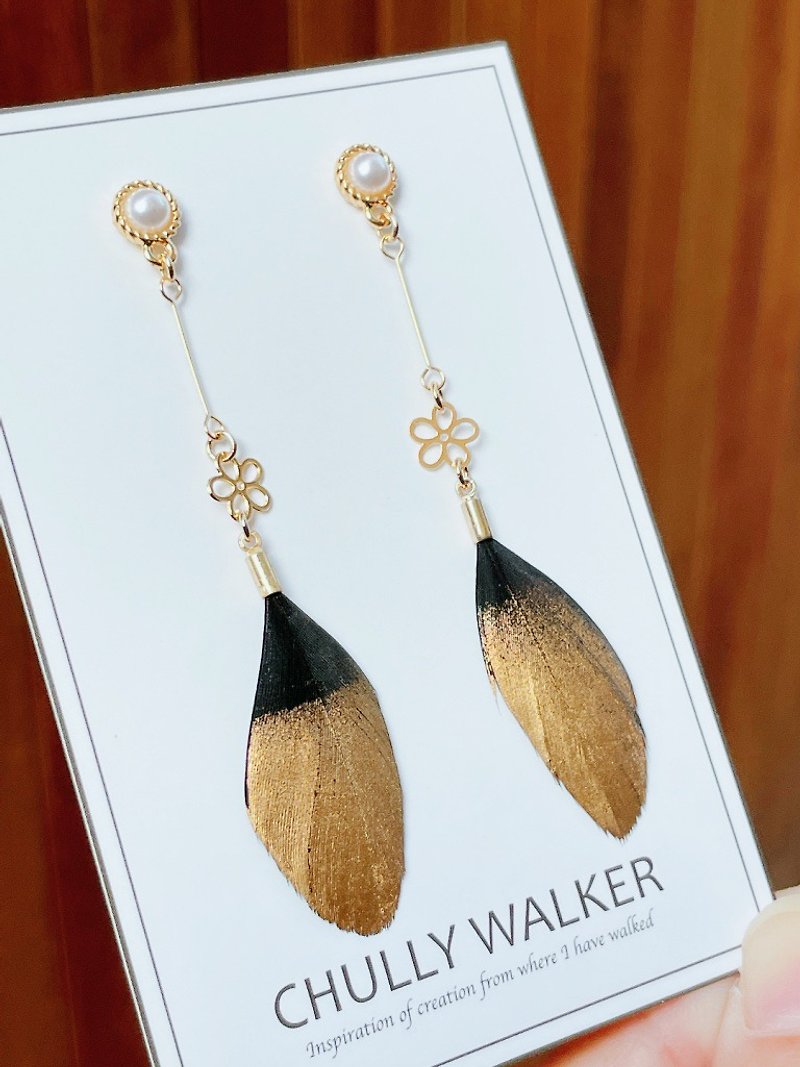 Double Feather-Black Gold - Earrings & Clip-ons - Other Materials Black