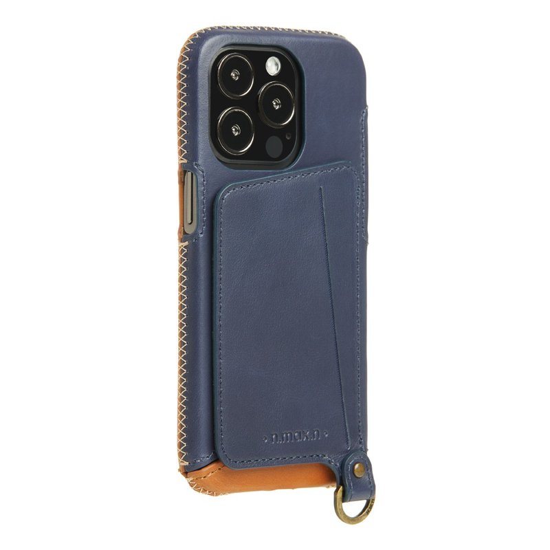 iPhone14 Pro 經典系列附皮革手腕帶/全包覆站立支架手機套-海軍 - 手機殼/手機套 - 真皮 
