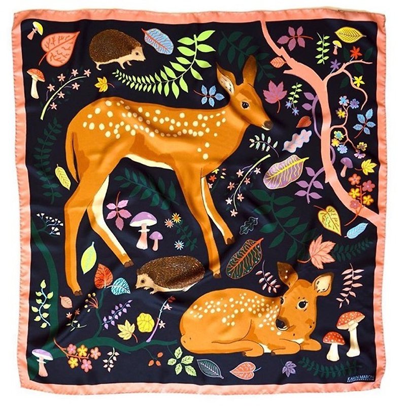 森林花卉與小鹿斑比絲巾/ 方巾 | Karen Mabon - 絲巾 - 絲．絹 橘色