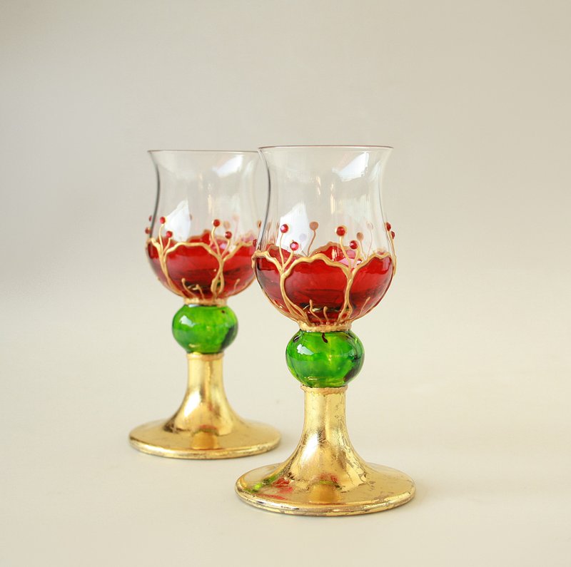 Shot Glasses Sakura Red Flower, hand-painted set of 2 - แก้วไวน์ - แก้ว สีแดง