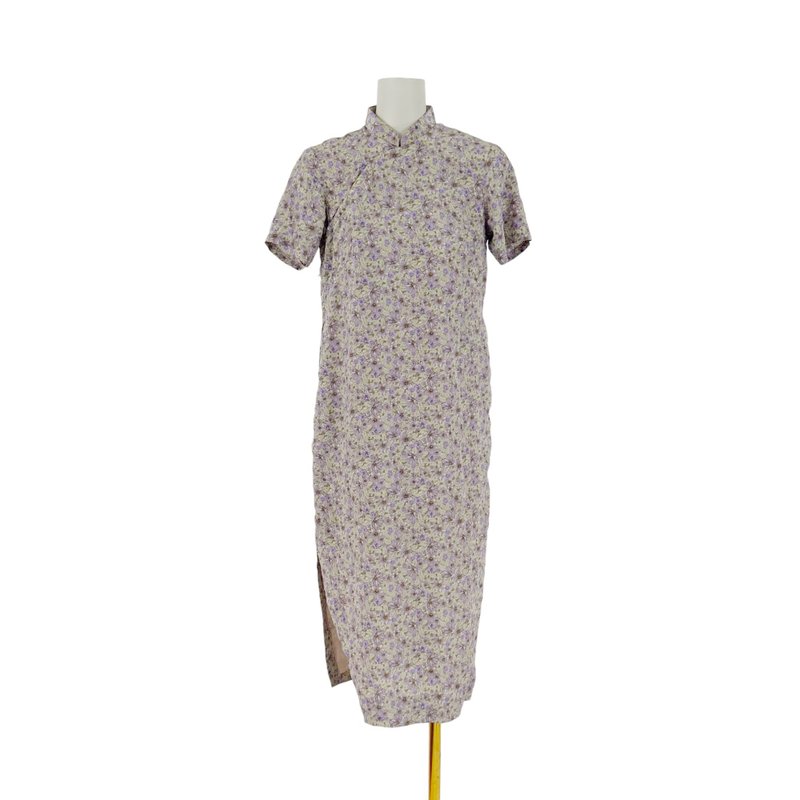 中古パープルグレーカラープリント 淡く上品なアンティークオーダーメイドチャイナドレス OPF329 - ワンピース - ポリエステル パープル