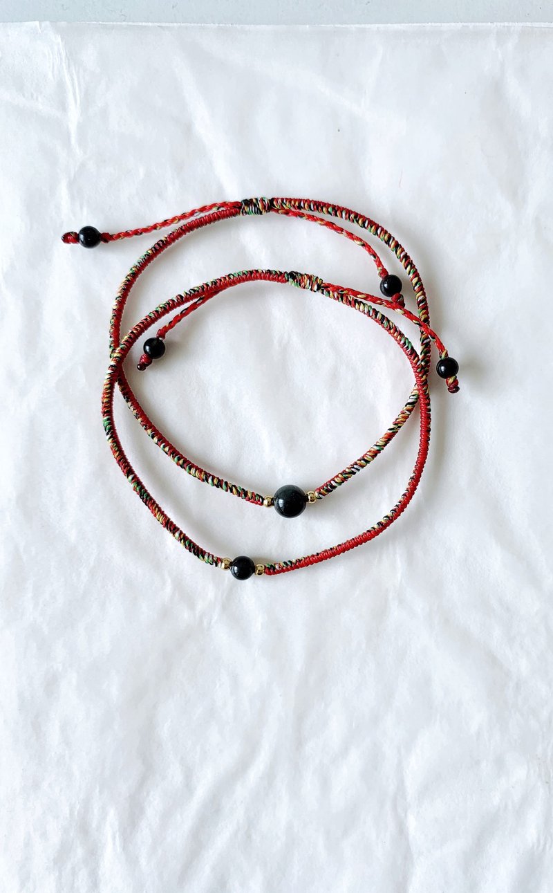 Obsidian red + five-color gold beads extremely fine / couple's bracelet the guardian Stone of life - Bracelets - Other Materials Black