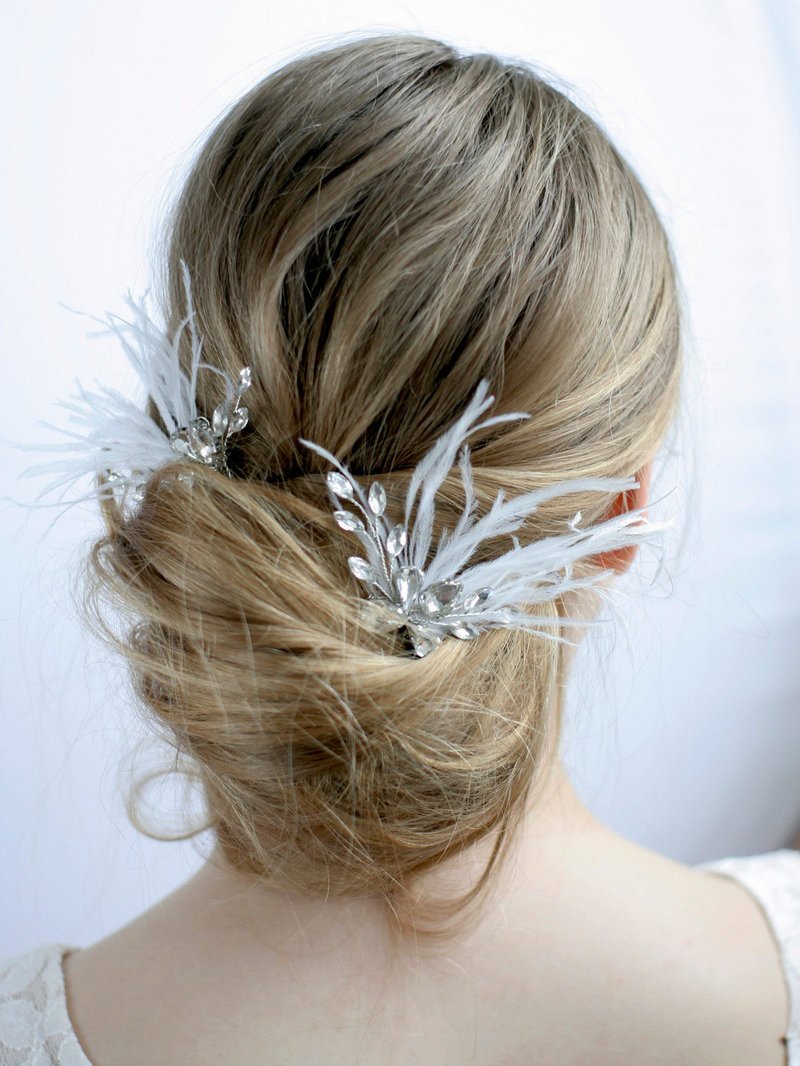 Feather Crystal Hair Pins Wedding Hair Pins Feather Hair Clip Hair Accessories - Hair Accessories - Crystal Silver