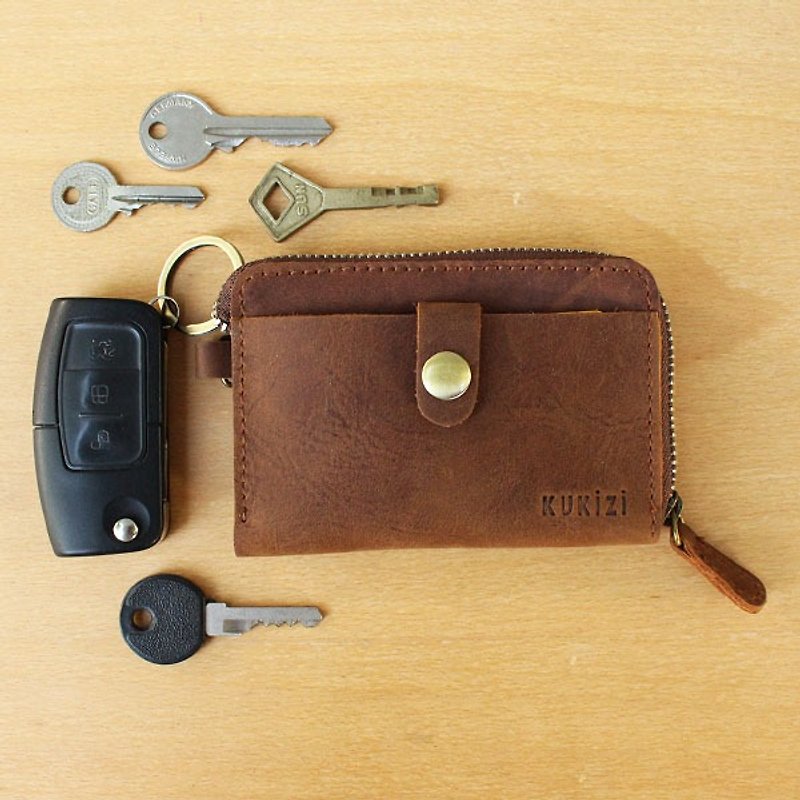Key Case - F1 สีแทน/น้ำตาลอ่อน / Key Holder / Key Ring / Key Bag - ที่ห้อยกุญแจ - หนังแท้ สีนำ้ตาล