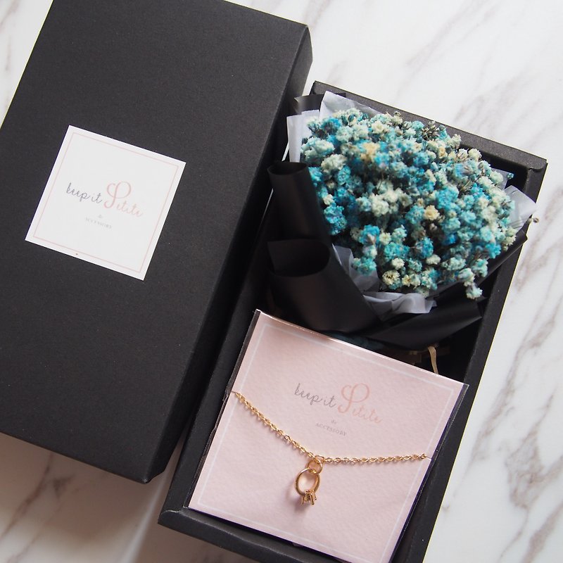 [Classical Black Gift Set - Bracelet] Dry Blue Star Bouquet + Mini Ring Bracelet (Gold) - Bracelets - Other Metals Blue