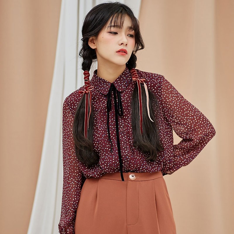 Anne Chen 2017 autumn new ladies collar with lantern sleeves shirt - Women's Shirts - Polyester Red