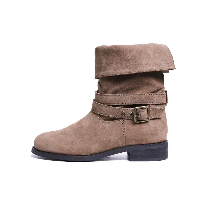 時髦抓皺個性麂皮反摺短靴駝棕色 - 女短靴/中筒靴 - 真皮 咖啡色