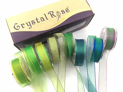 Crystal Rose Ribbon 緞帶專賣 Petals 緞帶刺繡串珠愛用款/極薄雙色雪紗15mm禮盒8色/松竹青花
