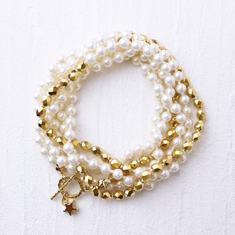 Wrap Bracelet (czech glass beads & japanese plastic pearls) - Bracelets - Glass Gold