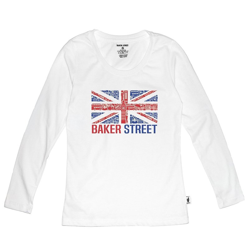 英國潮流品牌【Baker Street 貝克街】女裝．純棉．薄長袖．英國國旗． Union Jack Printed Long Sleeve - 女裝 上衣 - 棉．麻 白色