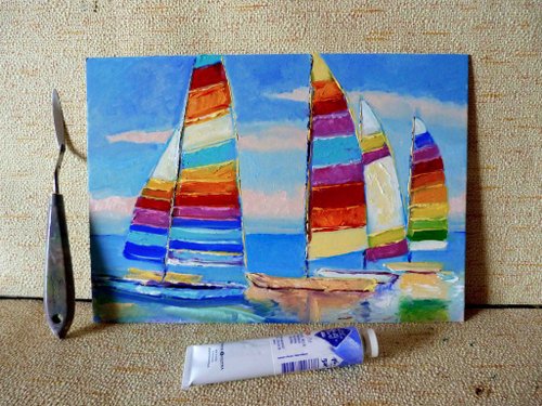 ヨットの油絵、オリジナルの壁アート、海辺の風景アートワーク