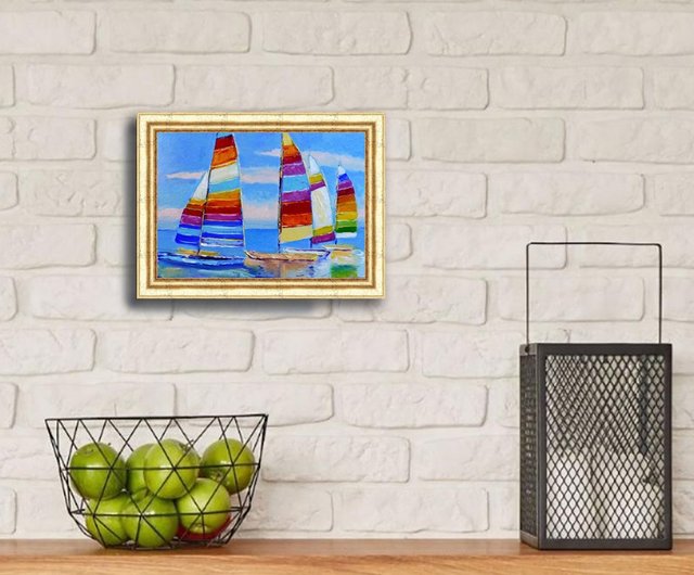 ヨットの油絵、オリジナルの壁アート、海辺の風景アートワーク
